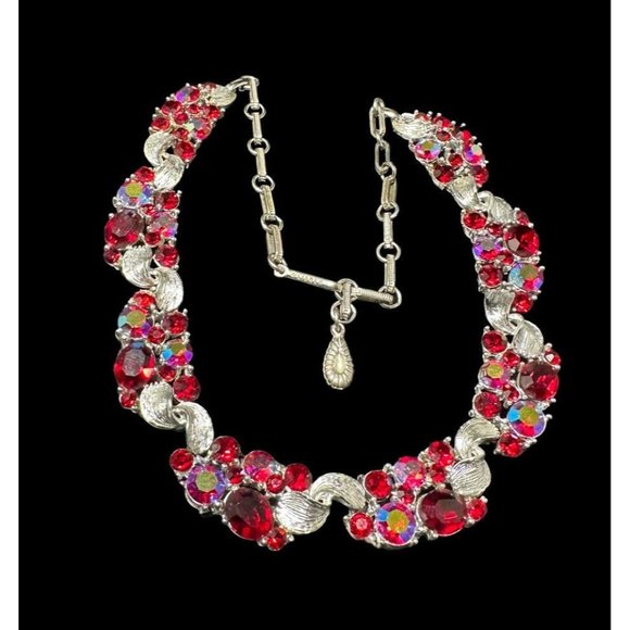 Vintage Lisner Bright Red Glass and AB Silver Tone Choker Necklace 17" - Picture 5 of 8